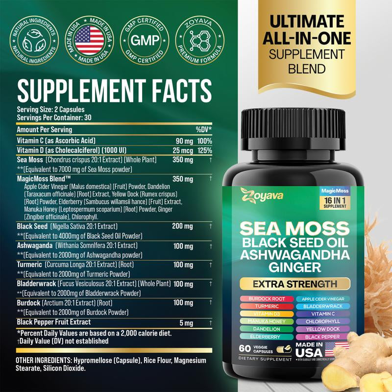 Zoyava Sea Moss Supplement - All-In-One Multivitamin with Black Seed Oil, Ashwagandha & 15+ Extra Strength Ingredients - 60 Capsules - MADE in USA