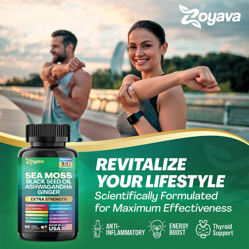 Zoyava Sea Moss Supplement - All-In-One Multivitamin with Black Seed Oil, Ashwagandha & 15+ Extra Strength Ingredients - 60 Capsules - MADE in USA