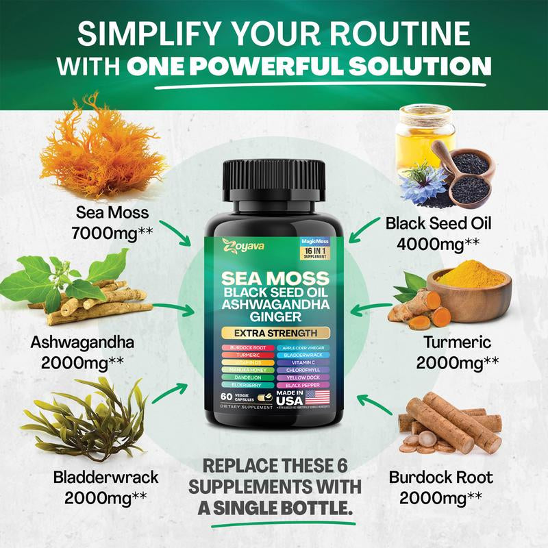 Zoyava Sea Moss Supplement - All-In-One Multivitamin with Black Seed Oil, Ashwagandha & 15+ Extra Strength Ingredients - 60 Capsules - MADE in USA