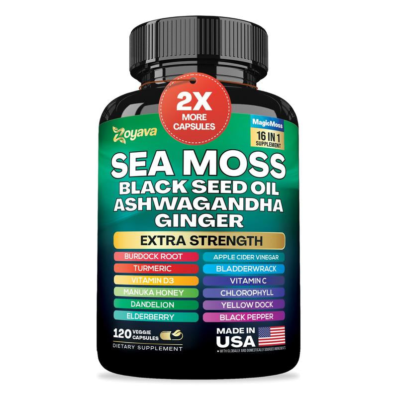 Zoyava Sea Moss Supplement - All-In-One Multivitamin with Black Seed Oil, Ashwagandha & 15+ Extra Strength Ingredients - 60 Capsules - MADE in USA