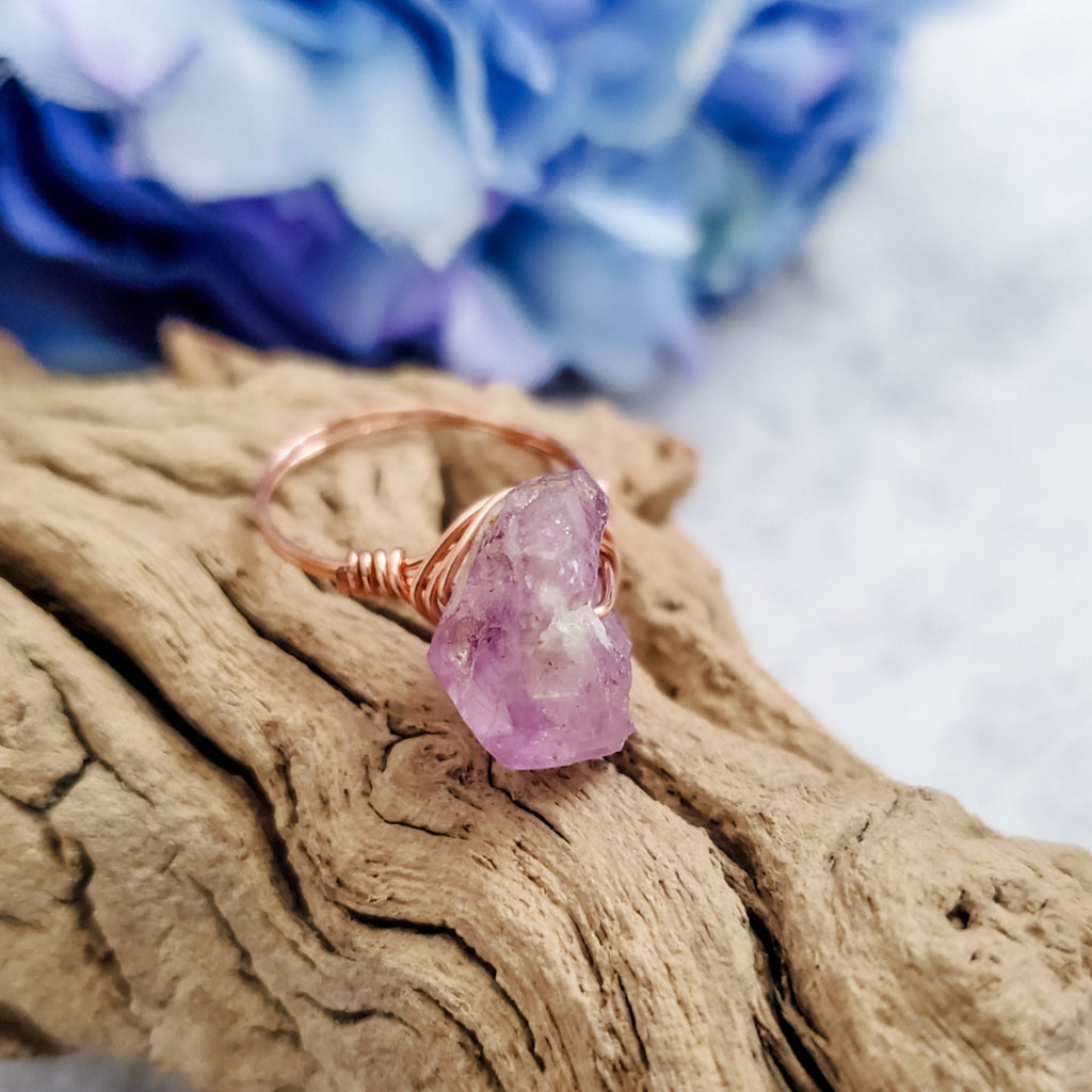 Raw Amethyst Crystal Ring – Hand Wrapped Purple Stone Ring