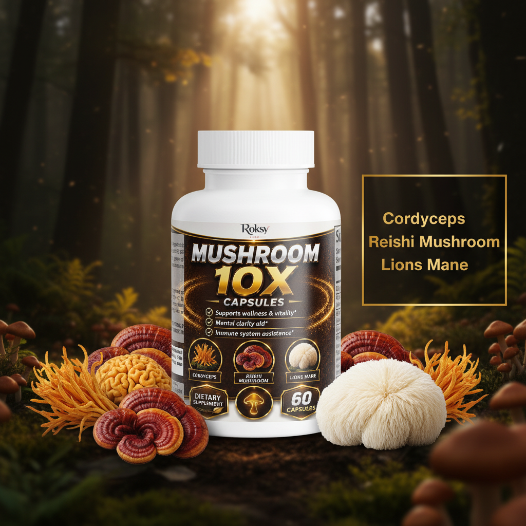 Mushroom 10X Capsules | Lions Mane Reishi Cordyceps Chaga Shiitake | Mental Clarity Immune Support and Vitality | 60 Capsules