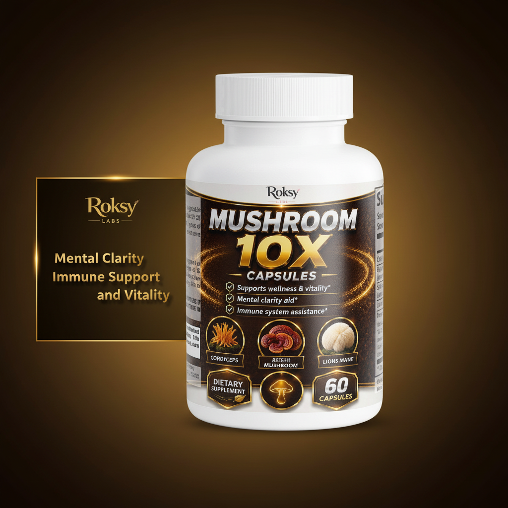 Mushroom 10X Capsules | Lions Mane Reishi Cordyceps Chaga Shiitake | Mental Clarity Immune Support and Vitality | 60 Capsules