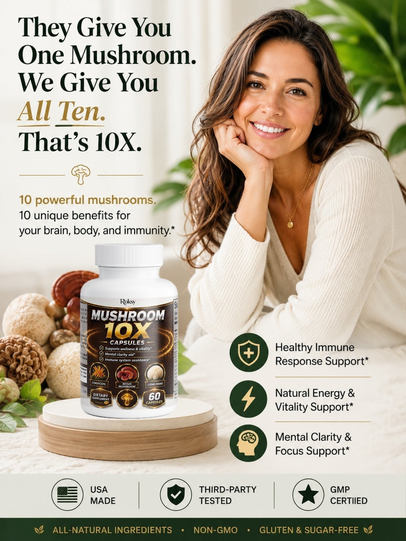 Mushroom 10X Capsules | Lions Mane Reishi Cordyceps Chaga Shiitake | Mental Clarity Immune Support and Vitality | 60 Capsules