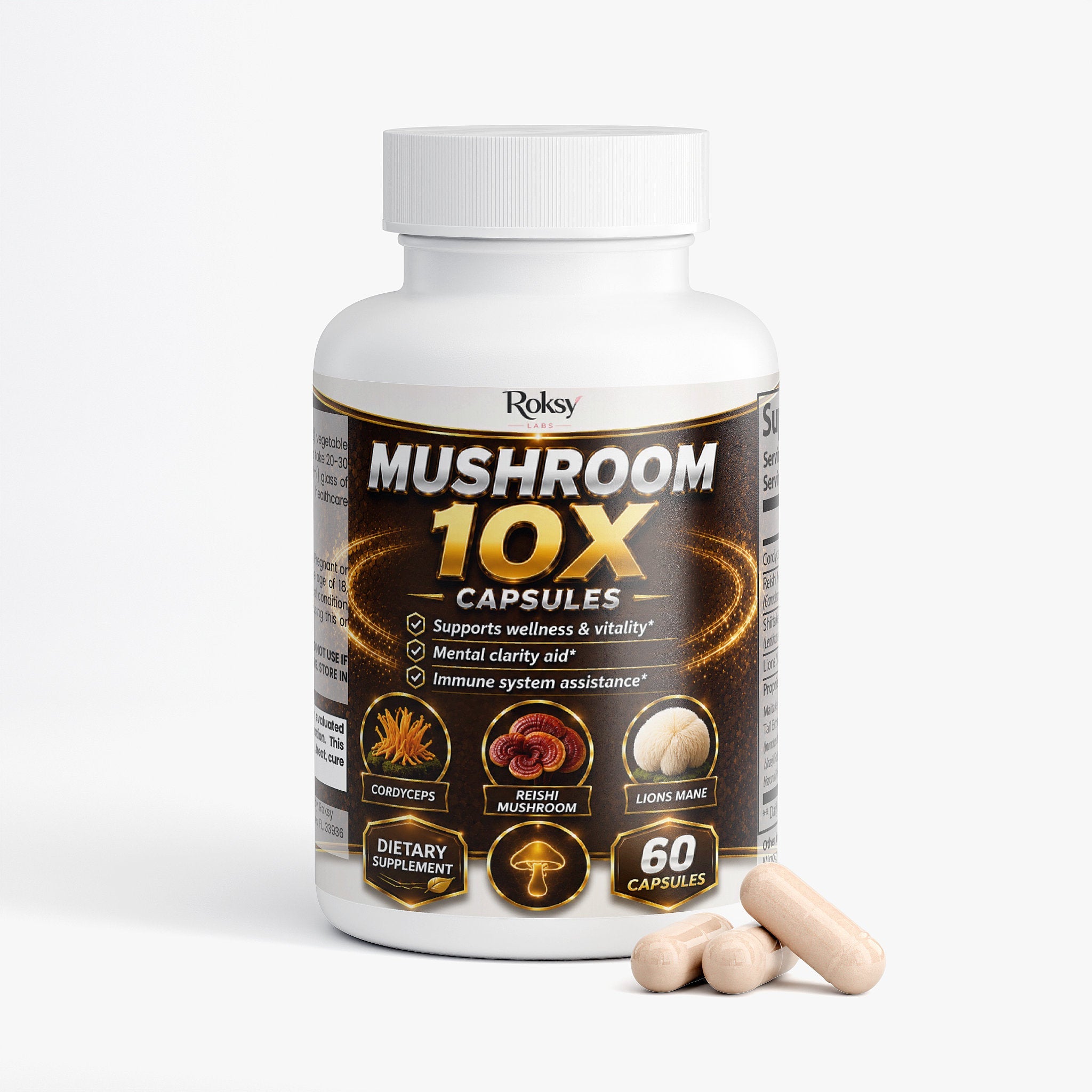 Mushroom 10X Capsules | Lions Mane Reishi Cordyceps Chaga Shiitake | Mental Clarity Immune Support and Vitality | 60 Capsules