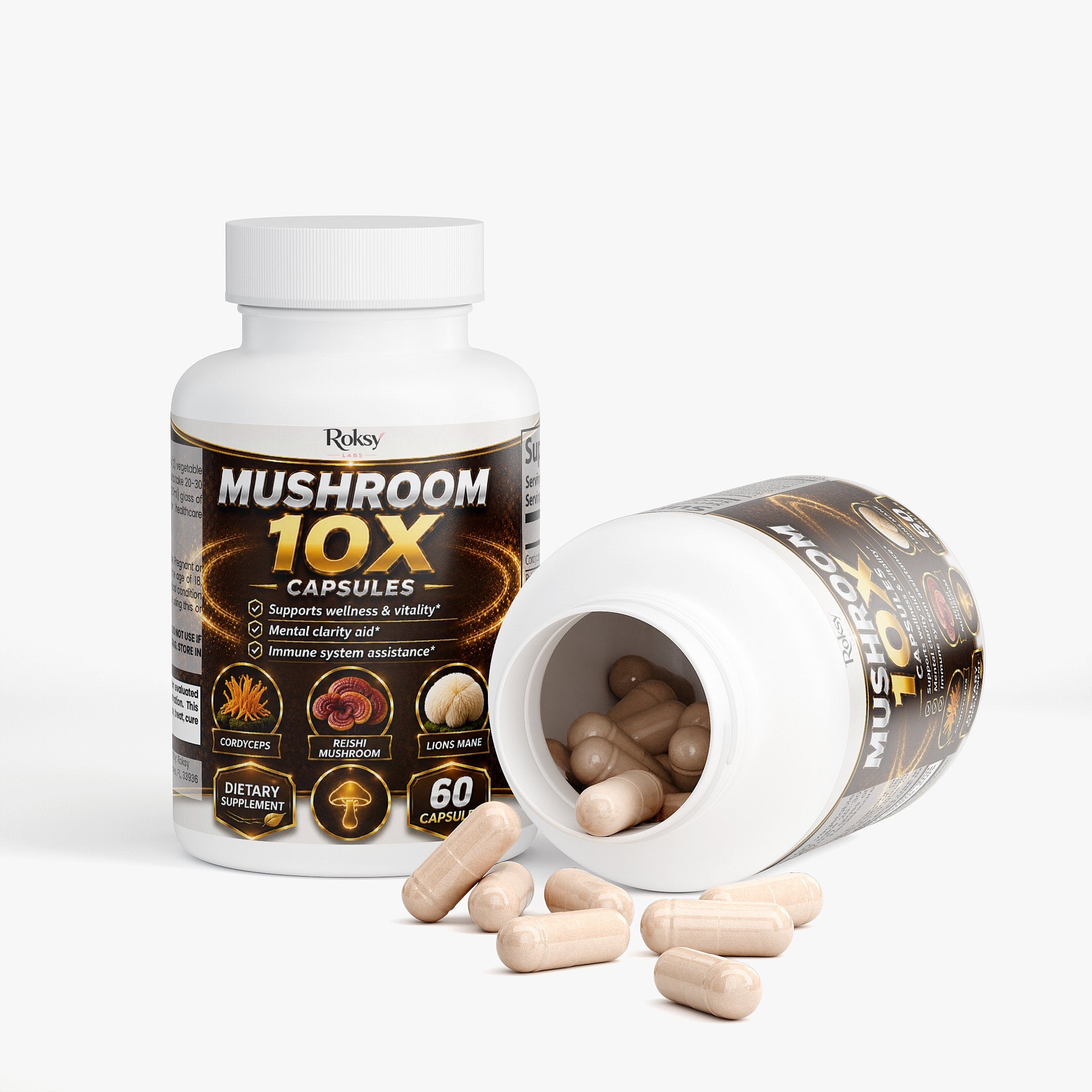 Mushroom 10X Capsules | Lions Mane Reishi Cordyceps Chaga Shiitake | Mental Clarity Immune Support and Vitality | 60 Capsules