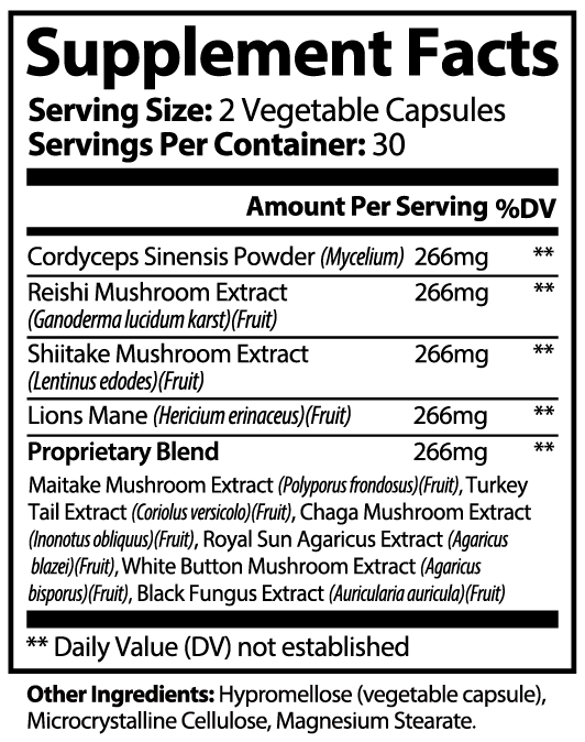 Mushroom 10X Capsules | Lions Mane Reishi Cordyceps Chaga Shiitake | Mental Clarity Immune Support and Vitality | 60 Capsules